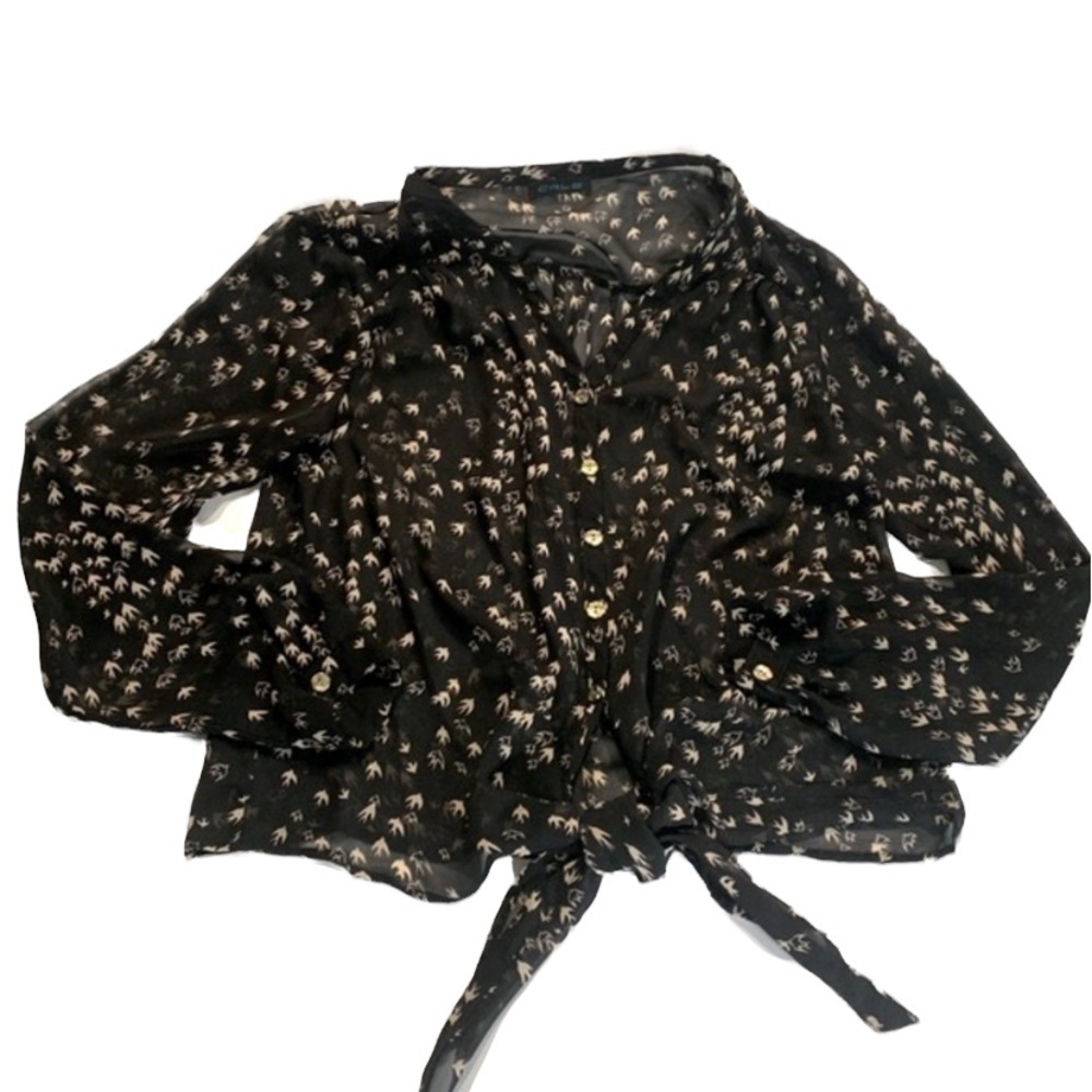 Val’s | Bird Print Black Top Front Tie Large
